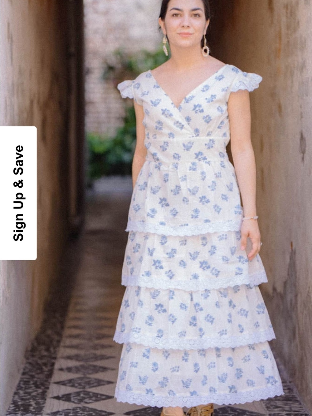 White & Blue Floral Tiered Midi Dress